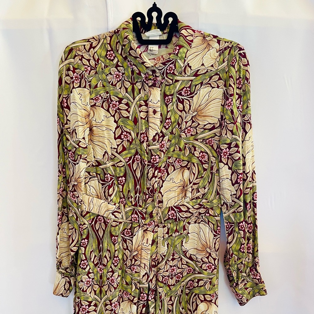 Morris & Co × H&M Green Cream Floral Button Up Long Sleeve Maxi Dress Size 6